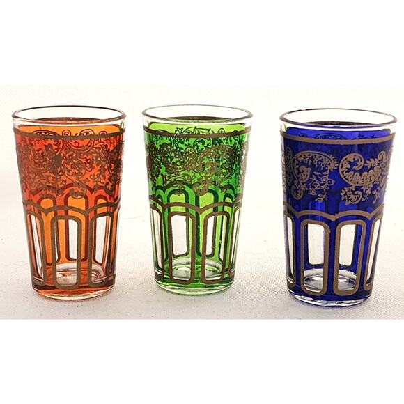 Moroccan Tea Glasses-Multiple Colors-Gold Tone Trim-Holds 1/2 cup each-Set of 3 - Picture 2 of 6